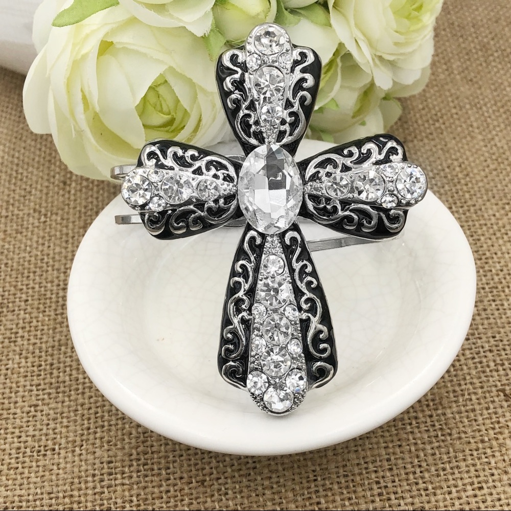 Large Cross Rhinestone Hinged Bangle Bracelet